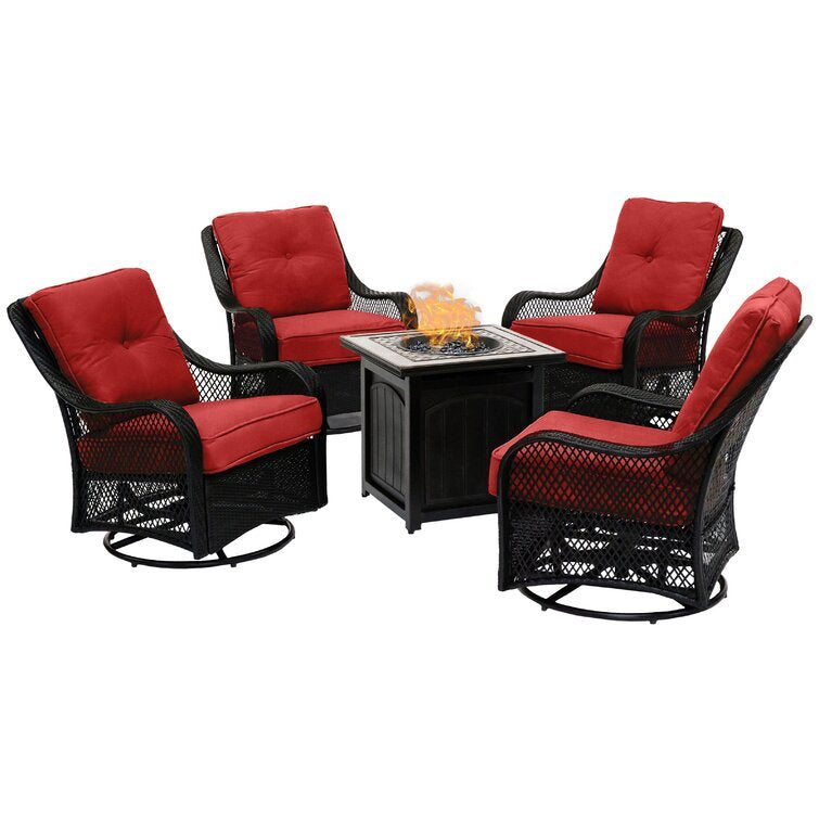5-Piece Steel Patio Fire pit Conversation Set with Sahara Sand Cushions and 26 in. Square Fire pit Side Table