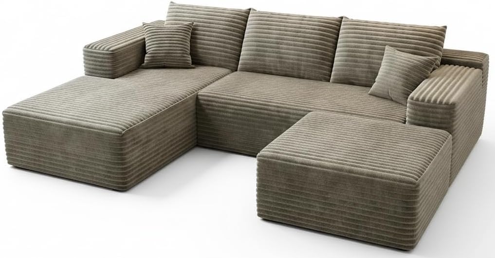 107.5" Cloud Modular Sectional Couch with 1 Ottoman,Modern Minimalist Upholstered Couches, Comfort U Shaped Sofa for Living Room,Deep Seat Corner Couch，No Assembly Required (Grey,Left Facing Chaise)