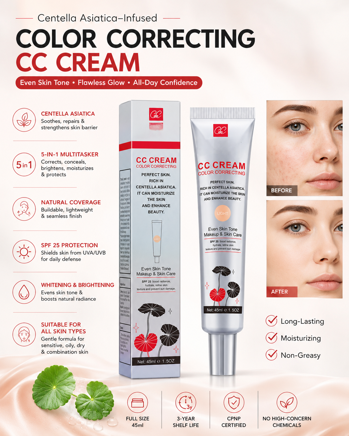 Color Correcting CC Cream with Centella - Lightweight Foundation with Whitening, BB Cream Coverage & Skin Repair in One