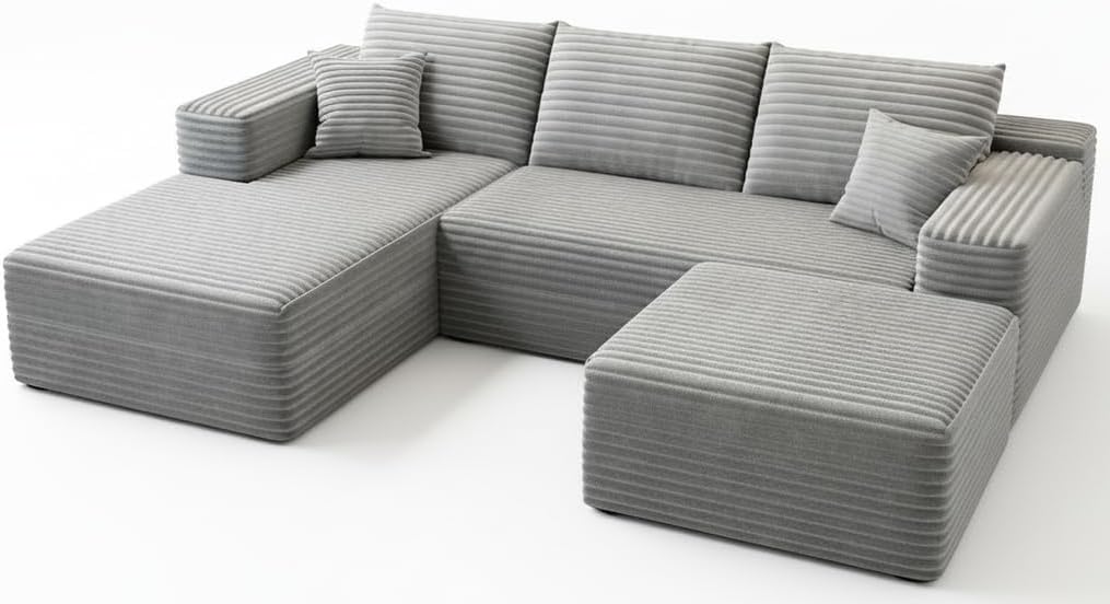 107.5" Cloud Modular Sectional Couch with 1 Ottoman,Modern Minimalist Upholstered Couches, Comfort U Shaped Sofa for Living Room,Deep Seat Corner Couch，No Assembly Required (Grey,Left Facing Chaise)