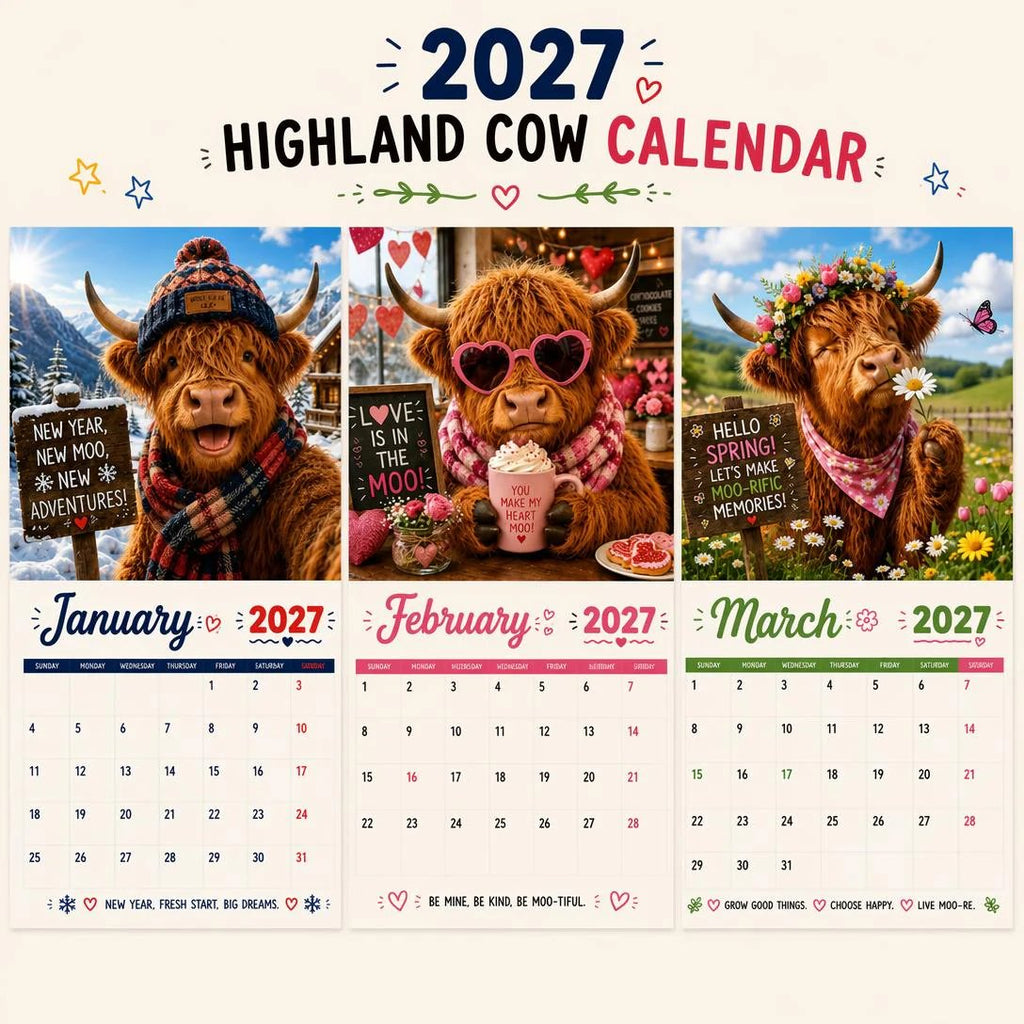 ⭐2027 Funny Highland Cow Wall Calendar | A4 Hanging Calendar
