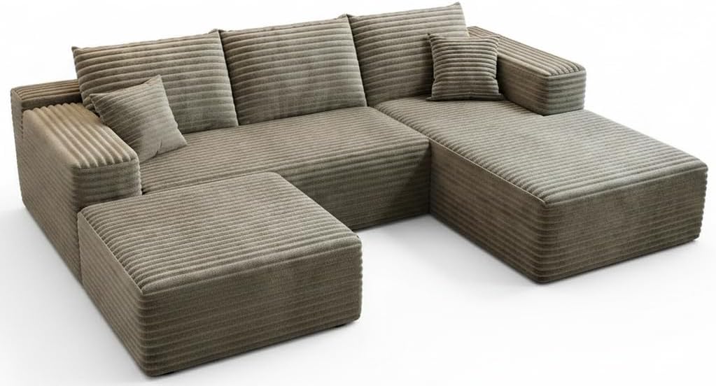 107.5" Cloud Modular Sectional Couch with 1 Ottoman,Modern Minimalist Upholstered Couches, Comfort U Shaped Sofa for Living Room,Deep Seat Corner Couch，No Assembly Required (Grey,Left Facing Chaise)