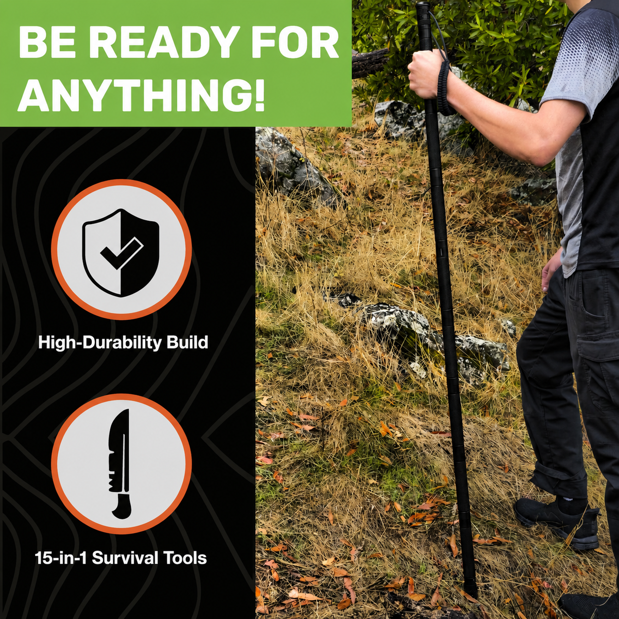 Multifunctional Tactical Hiking Stick - 15-in-1 Survival Multi-Tool for Outdoors