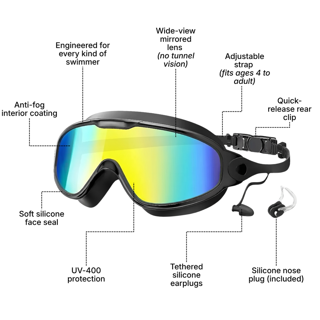 HD Wide-View Swim Goggles | Anti-Fog, UV Protection & Leak-Proof