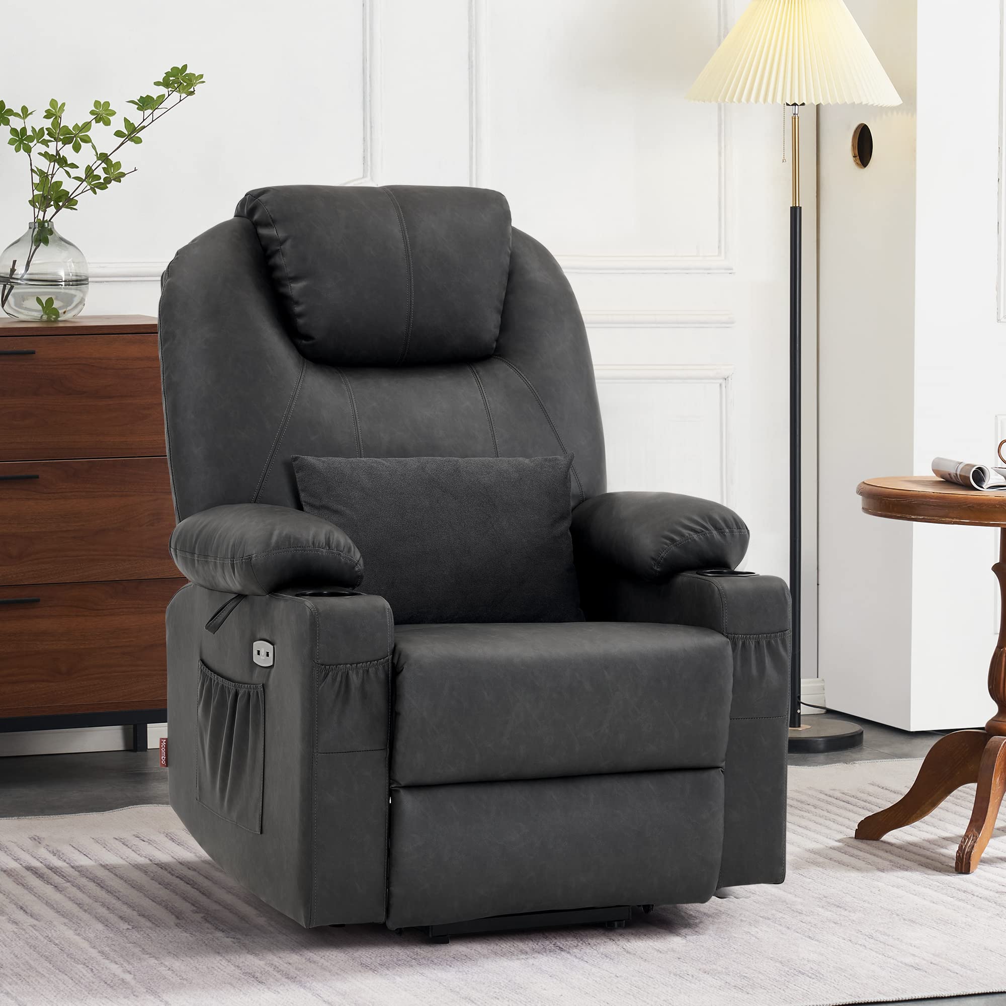 MCombo Large Lay Flat Dual Motor Power Lift Recliner Chair Sofa with Massage and Heat, USB Ports, Cup Holders, Extended Footrest！