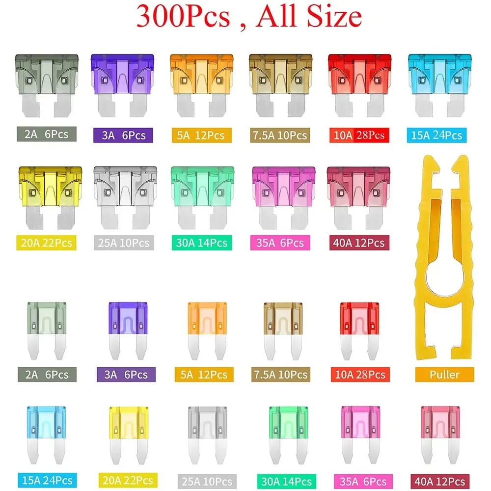 🔧 300Pcs Car Fuse Kit – Standard & Mini Blade Fuses with Puller (2A–40A)