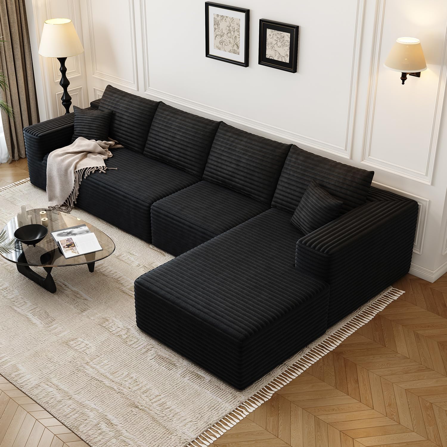 107.5" Cloud Modular Sectional Couch with 1 Ottoman,Modern Minimalist Upholstered Couches, Comfort U Shaped Sofa for Living Room,Deep Seat Corner Couch，No Assembly Required (Grey,Left Facing Chaise)