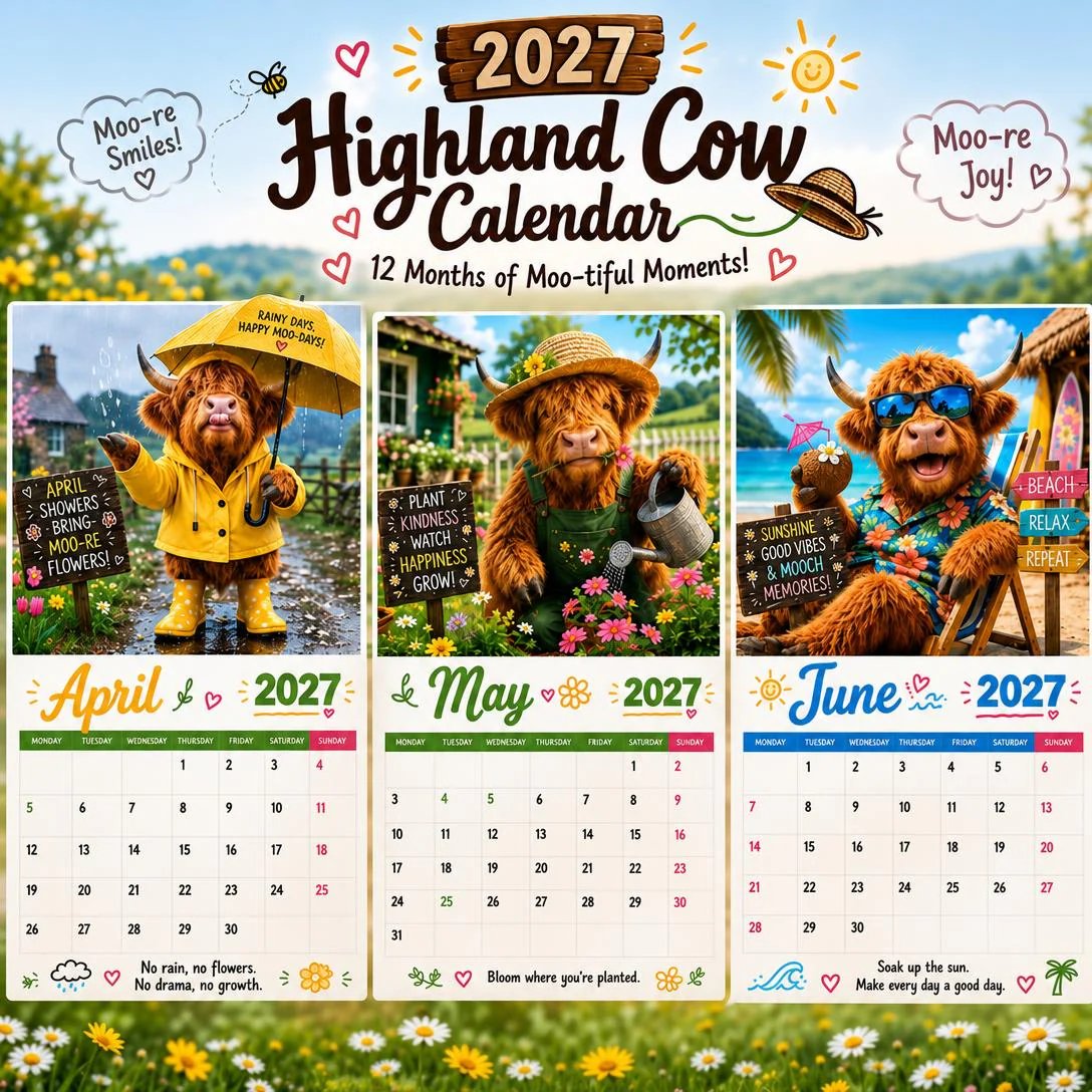 ⭐2027 Funny Highland Cow Wall Calendar | A4 Hanging Calendar