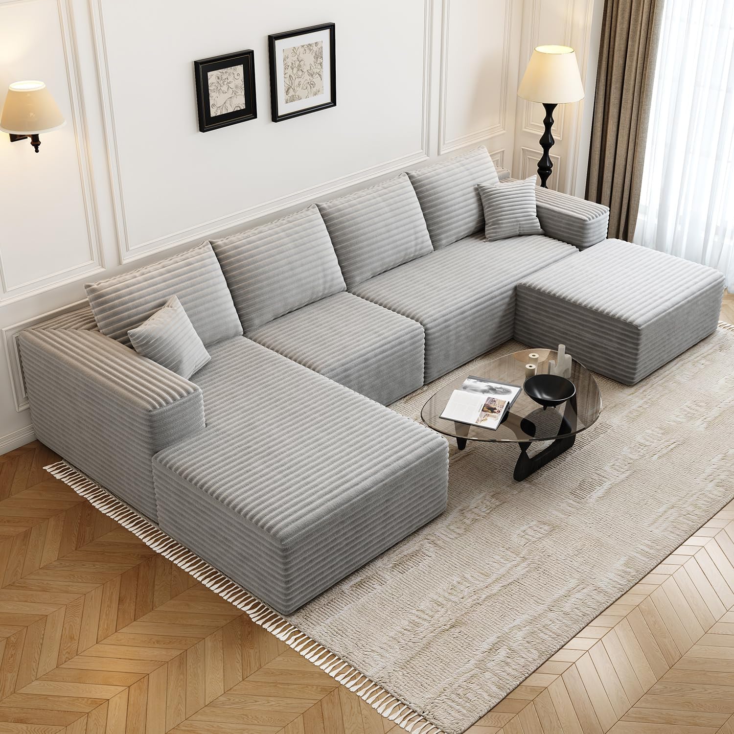 107.5" Cloud Modular Sectional Couch with 1 Ottoman,Modern Minimalist Upholstered Couches, Comfort U Shaped Sofa for Living Room,Deep Seat Corner Couch，No Assembly Required (Grey,Left Facing Chaise)