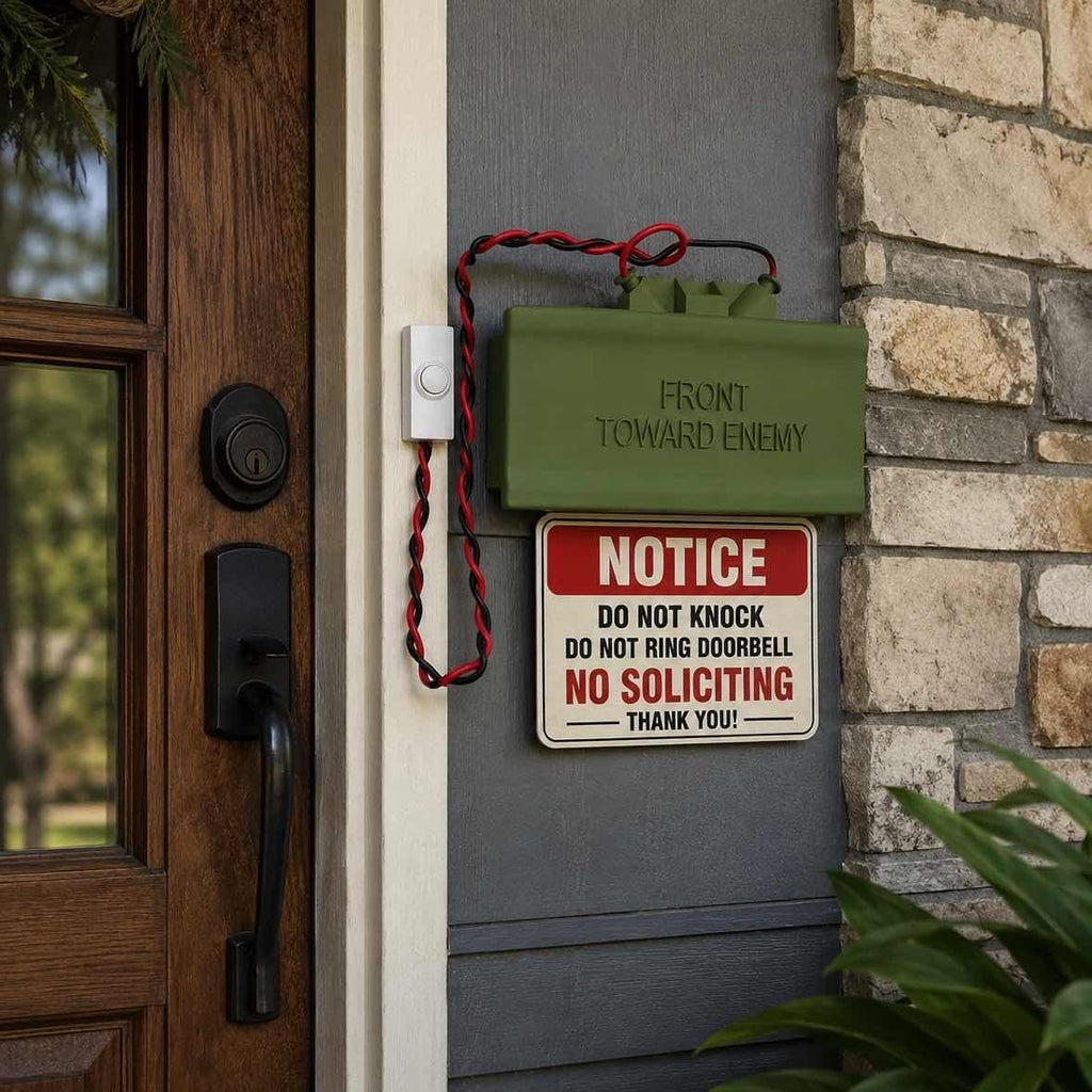 😈 Fake Mine Doorbell Prank Sign – Funny “Front Toward Enemy” No Soliciting Doorbell Cover for Home Entryway & Delivery Driver Reactions