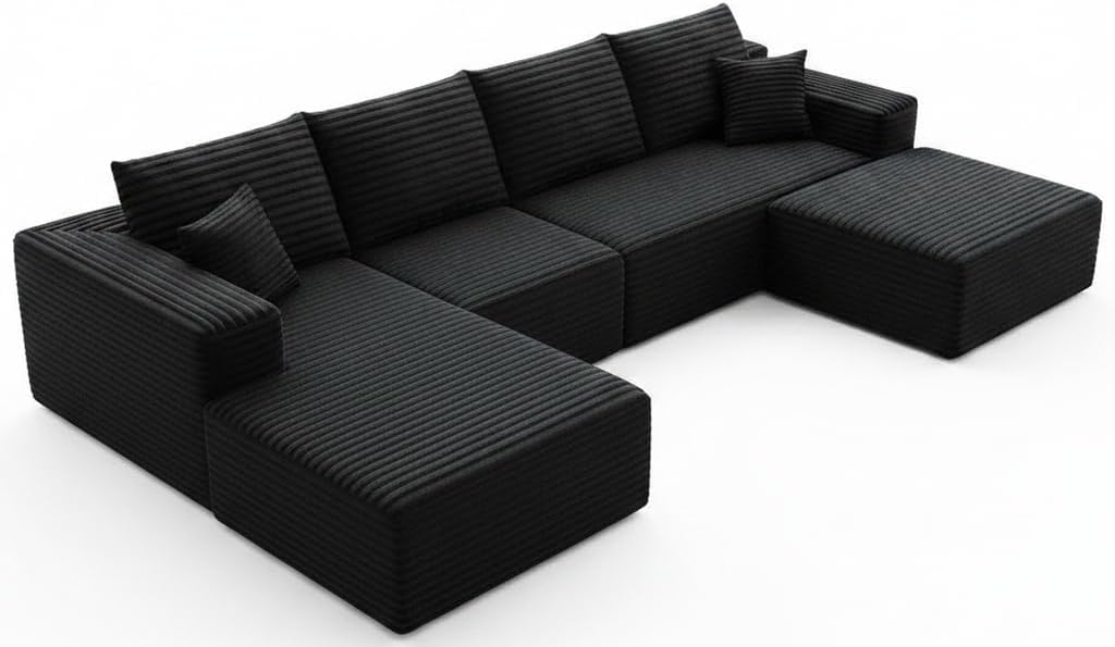 107.5" Cloud Modular Sectional Couch with 1 Ottoman,Modern Minimalist Upholstered Couches, Comfort U Shaped Sofa for Living Room,Deep Seat Corner Couch，No Assembly Required (Grey,Left Facing Chaise)